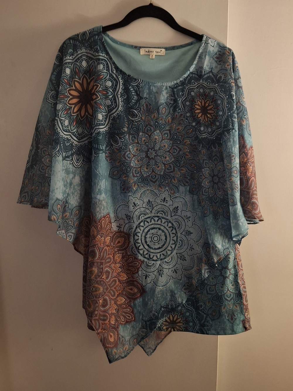 indigo soul Blue Floral Medallion Tunic with Brown Accents